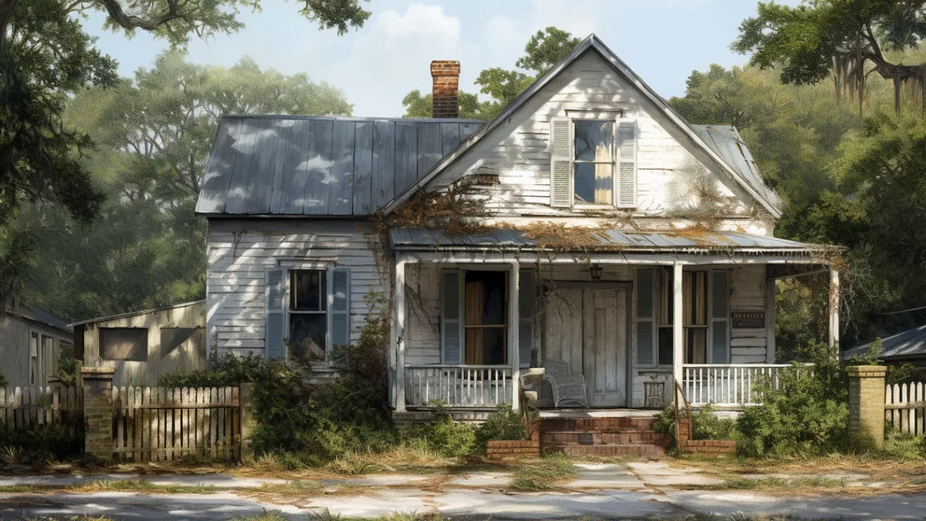 FreeByrdco_realistic_distressed_modest_house