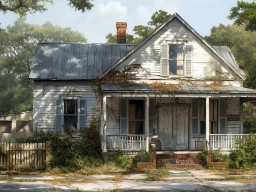 FreeByrdco_realistic_distressed_modest_house